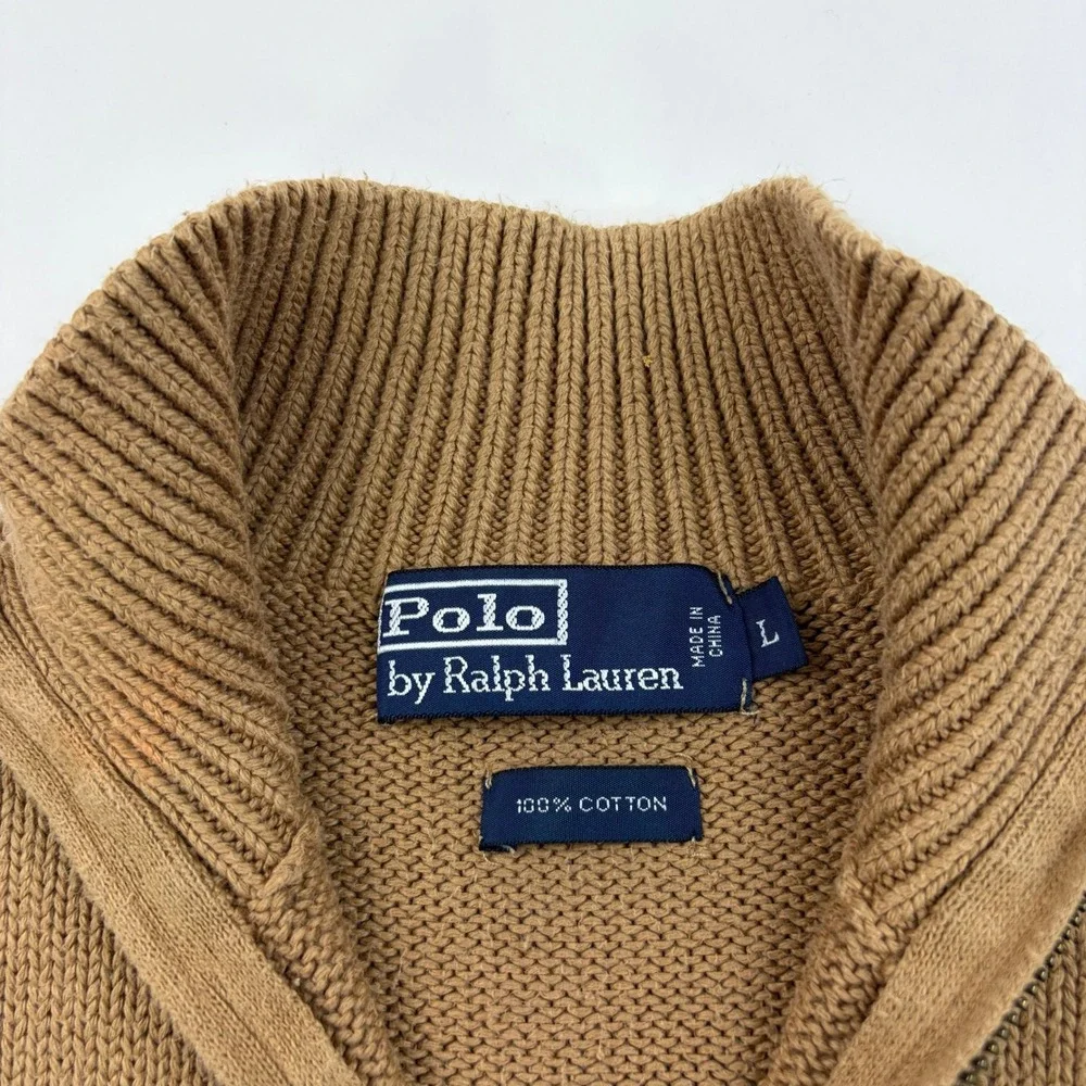 Polo Ralph Lauren Quarter-Zip Sweater Mens Large Tan Brown 100% Cotton Ribbed